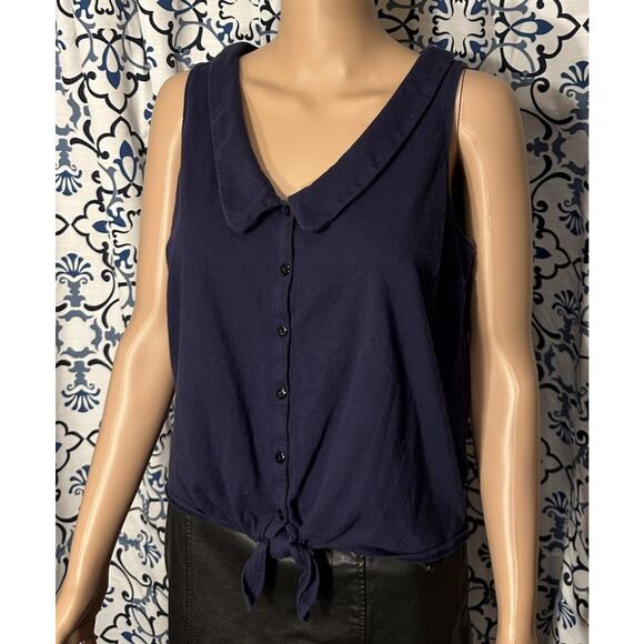Anthropologie Navy Marin Button Down Tie Front Crop Top SZ L Boating Casual - Picture 1 of 8